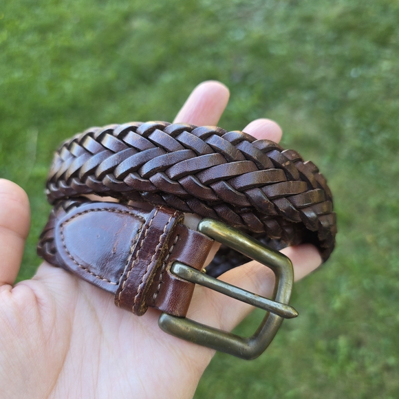 Vintage Accessories - Vintage Genuine Brown Braided Leather Belt Hand-Woven Classic Brass Buckle
